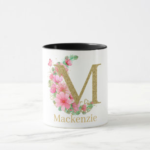 Waterverf Goud en Bloemige Monogram Letter M Mok
