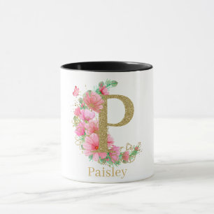 Waterverf Goud en Bloemige Monogram Letter P Mok
