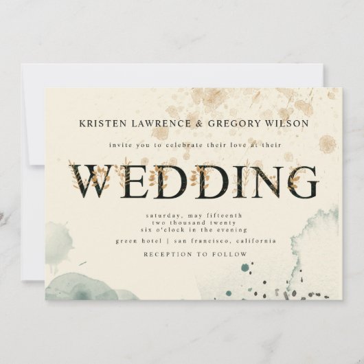 Waterverf Goud en Groene Rozen Huwelijksuitnodigin Kaart (Voorkant)