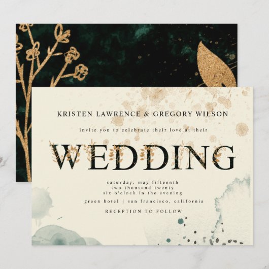 Waterverf Goud en Groene Rozen Huwelijksuitnodigin Kaart (Voorkant / Achterkant)