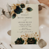 Waterverf Goud en Groene Rozen Huwelijksuitnodigin Kaart