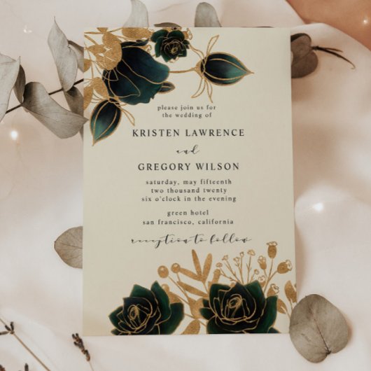 Waterverf Goud en Groene Rozen Huwelijksuitnodigin Kaart
