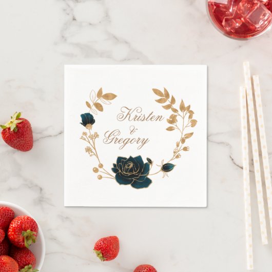 Waterverf Goud en Groene Rozen Monogramdocument Servet (Insitu)