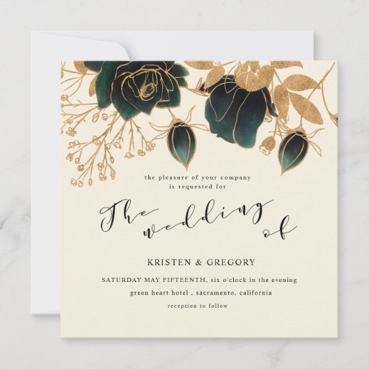 Waterverf Goud en Groene Rozen Vierkante Bruiloft Kaart (Voorkant)