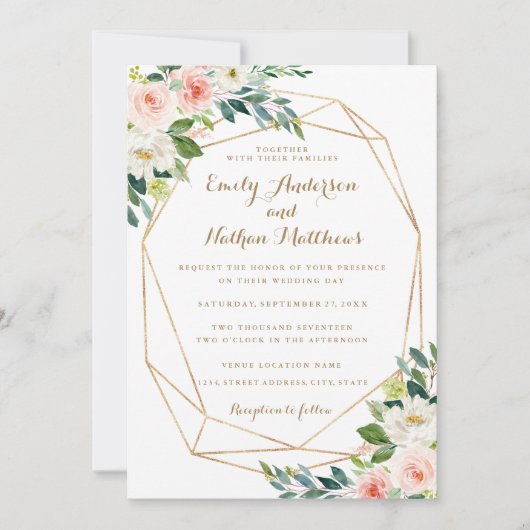 Waterverf Goud Geometrische Blush Bloemen Huwelijk Kaart (Voorkant)