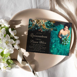Waterverf Goud Groen Bloemen Quinceanera Foto Kaart