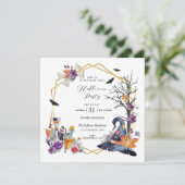 Waterverf Goud Lijst Halloween Feestuitnodiging Kaart (Staand voorkant)