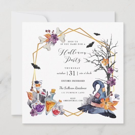 Waterverf Goud Lijst Halloween Feestuitnodiging Kaart (Voorkant)