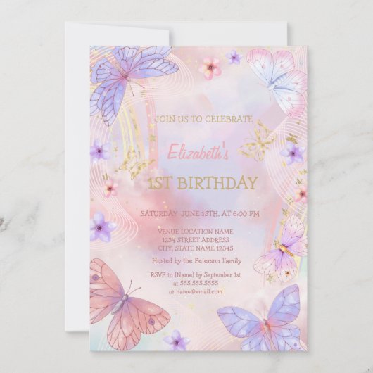 Waterverf Goud Lila Vlinder Regenboog Verjaardag Kaart (Voorkant)