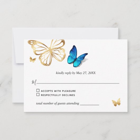 Waterverf Goud Navy Blue Butterfly Rustieke bruilo RSVP Kaartje (Voorkant)