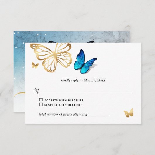 Waterverf Goud Navy Blue Butterfly Rustieke bruilo RSVP Kaartje (Voorkant / Achterkant)