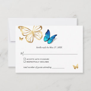 Waterverf Goud Navy Blue Butterfly Rustieke bruilo RSVP Kaartje
