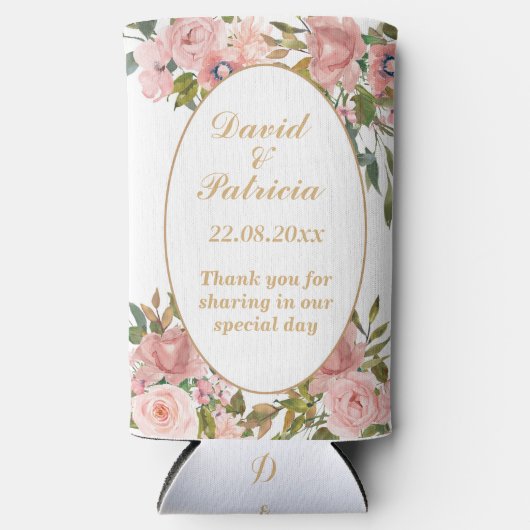 Waterverf Goud Roze Bloemen Elegante Bruiloft Guns Seltzer Blikjeskoeler (Voorkant)