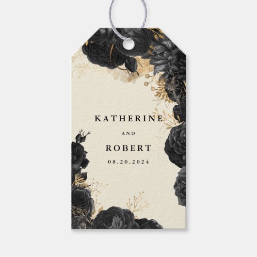 Waterverf Goud Zwart Rozen Bruiloft Gift Label Cadeaulabel (Voorkant)