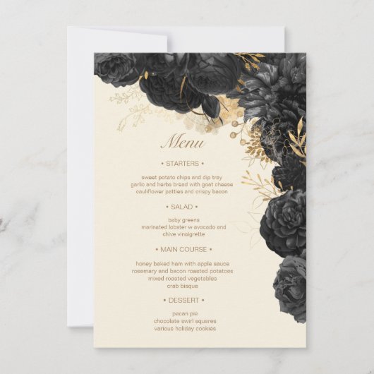 Waterverf Goud Zwart Rozen Bruiloft Menu Kaart (Voorkant)
