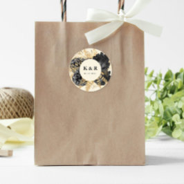 Waterverf Goud Zwart Rozen Bruiloft Monogram Ronde Sticker