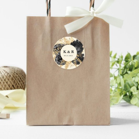 Waterverf Goud Zwart Rozen Bruiloft Monogram Ronde Sticker