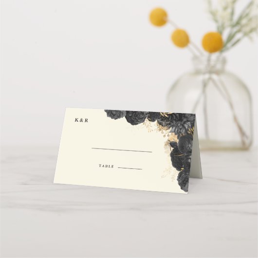 Waterverf Goud Zwart Rozen Bruiloft Plaats Kaart Plaatskaartje (Voorkant)