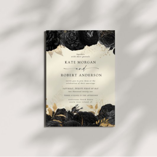 Waterverf Goud Zwart Rozen Bruiloft Uitnodiging