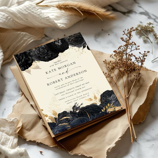 Waterverf Goud Zwart Rozen Bruiloft Uitnodiging
