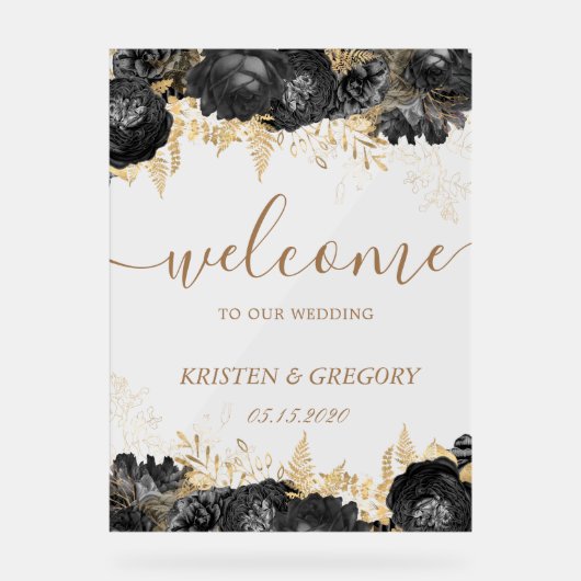 Waterverf Goud Zwart Rozen Bruiloft Welkom Acryl Bord (Voorkant)