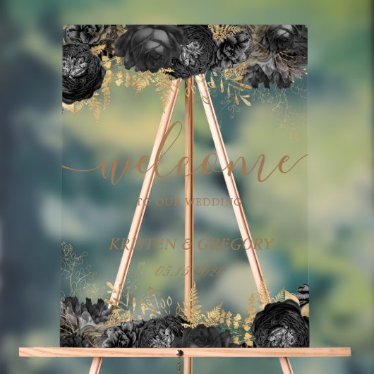 Waterverf Goud Zwart Rozen Bruiloft Welkom Acryl Bord (Neutraal)