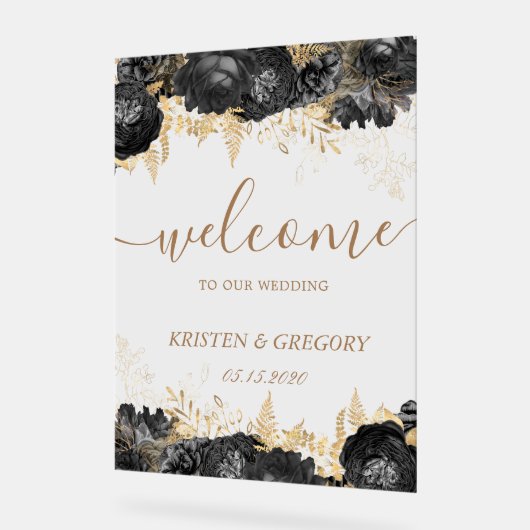 Waterverf Goud Zwart Rozen Bruiloft Welkom Acryl Bord (Hoek)