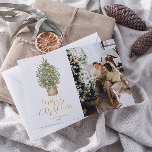 Waterverf goudboom foto vrolijk kerstfeest feestdagenkaart