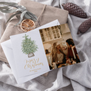 Waterverf goudboom foto vrolijk kerstfeest feestdagenkaart