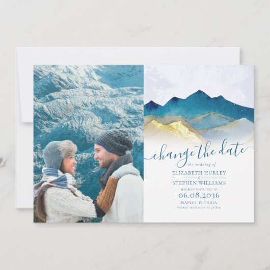 Waterverf Gouden Berg Bruiloft Datum Wijzigen Save The Date (Voorkant)