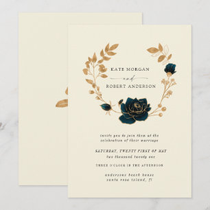 Waterverf Gouden Bloemen Krans Huwelijksuitnodigin