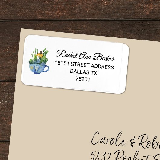 Waterverf Gouden Coneflower in Teacup Adres Etiket