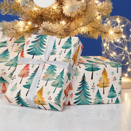 Waterverf gouden en groene kerstbomen cadeaupapier (Feestdagen)