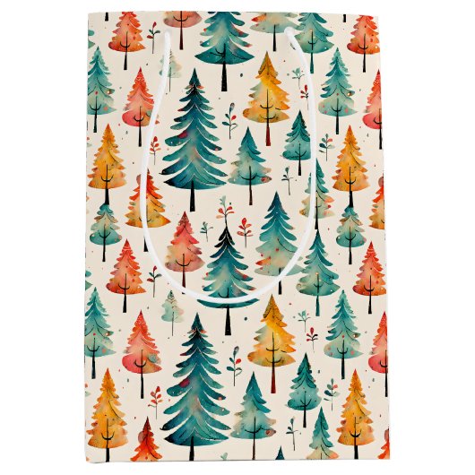 Waterverf gouden en groene kerstbomen medium cadeauzakje (Voorkant)