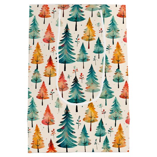 Waterverf gouden en groene kerstbomen medium cadeauzakje (Achterkant)