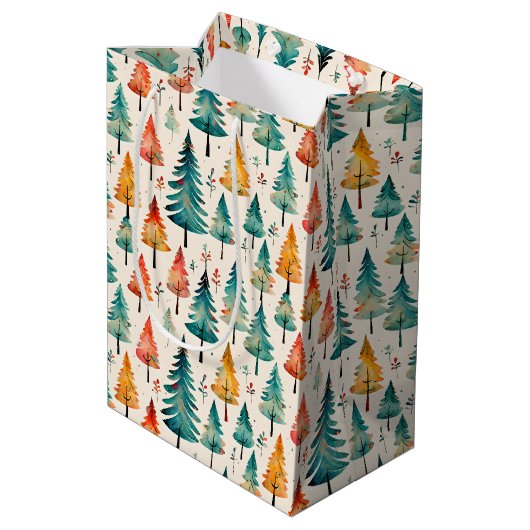 Waterverf gouden en groene kerstbomen medium cadeauzakje (Achterkant Gekanteld)