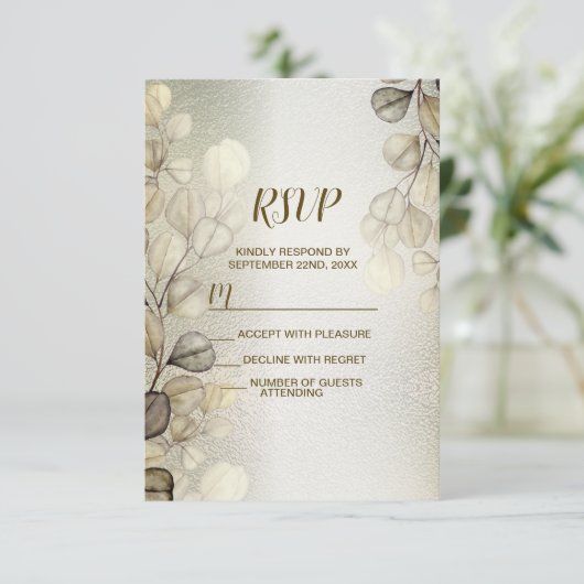 Waterverf Gouden Eucalyptus Foliage Huwelijk Glanz RSVP Kaartje (Staand voorkant)