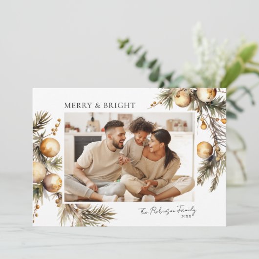 Waterverf gouden gebladerte foto kerst feestdagenkaart (Staand voorkant)