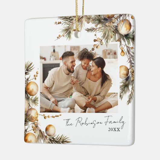 Waterverf gouden gebladerte foto kerst keramisch ornament (Links)