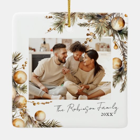 Waterverf gouden gebladerte foto kerst keramisch ornament (Achterkant)