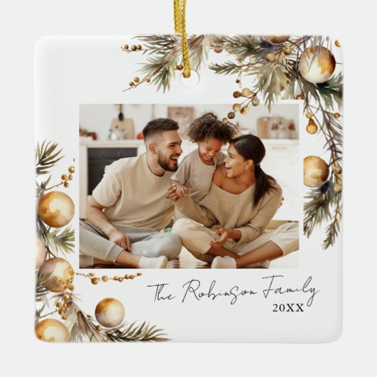 Waterverf gouden gebladerte foto kerst keramisch ornament (Voorkant)