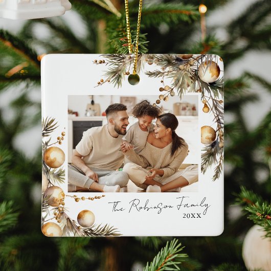Waterverf gouden gebladerte foto kerst keramisch ornament