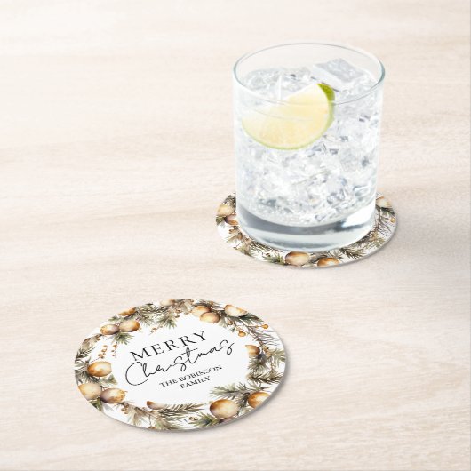 Waterverf gouden gebladerte kerst ronde kartonnen onderzetter (Insitu)