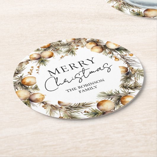 Waterverf gouden gebladerte kerst ronde kartonnen onderzetter (Gebogen)