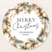 Waterverf gouden gebladerte kerst ronde kartonnen onderzetter (Voorkant)