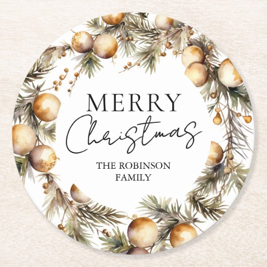 Waterverf gouden gebladerte kerst ronde kartonnen onderzetter (Voorkant)