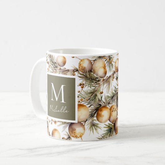 Waterverf gouden gebladerte kerstmonogram koffiemok (Voorkant links)