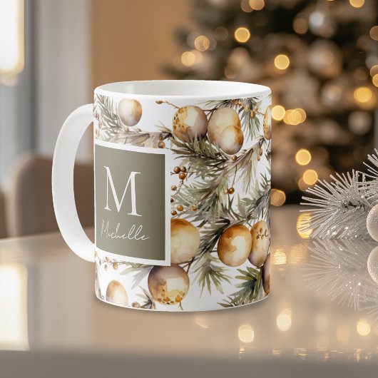 Waterverf gouden gebladerte kerstmonogram koffiemok