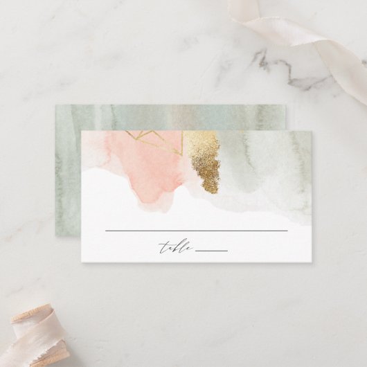 Waterverf gouden geometrische bruiloft met Blush e Plaatskaartje (Voorkant / Achterkant in situ)
