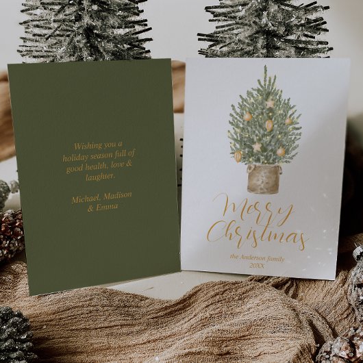 Waterverf gouden grillige boom vrolijk kerstfeest feestdagenkaart